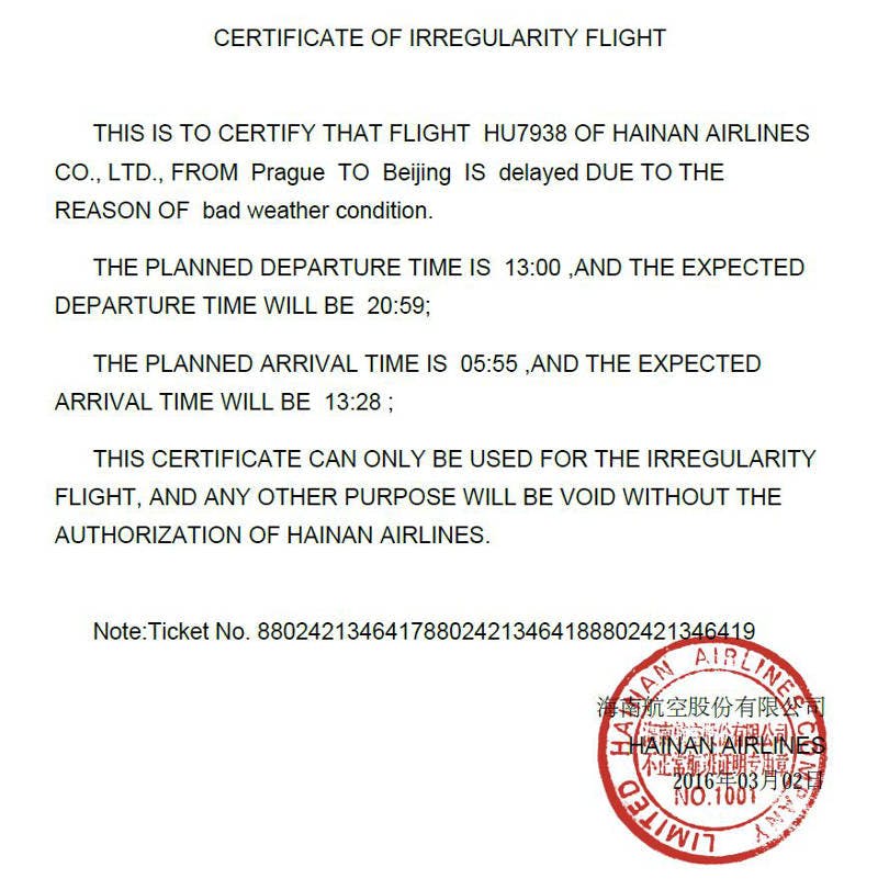 Certificate of flight irregularity